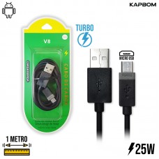 Cabo USB Micro USB V8 Emborrachado Dados e Carregamento Turbo 1m 25W Kapbom KAP-318-V8 - Preto